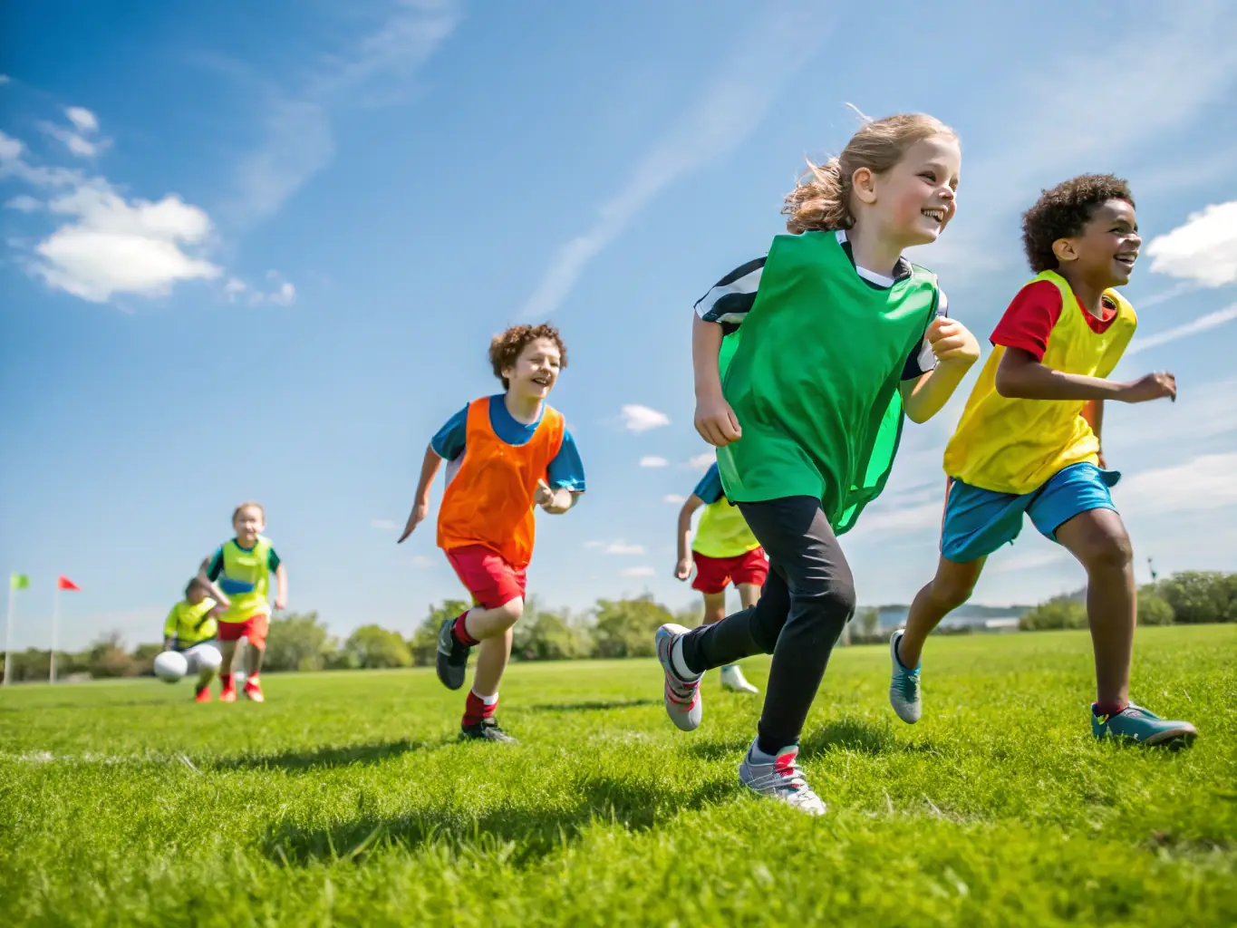 A vibrant image of children playing football on a sunny field, showcasing teamwork and youthful energy.