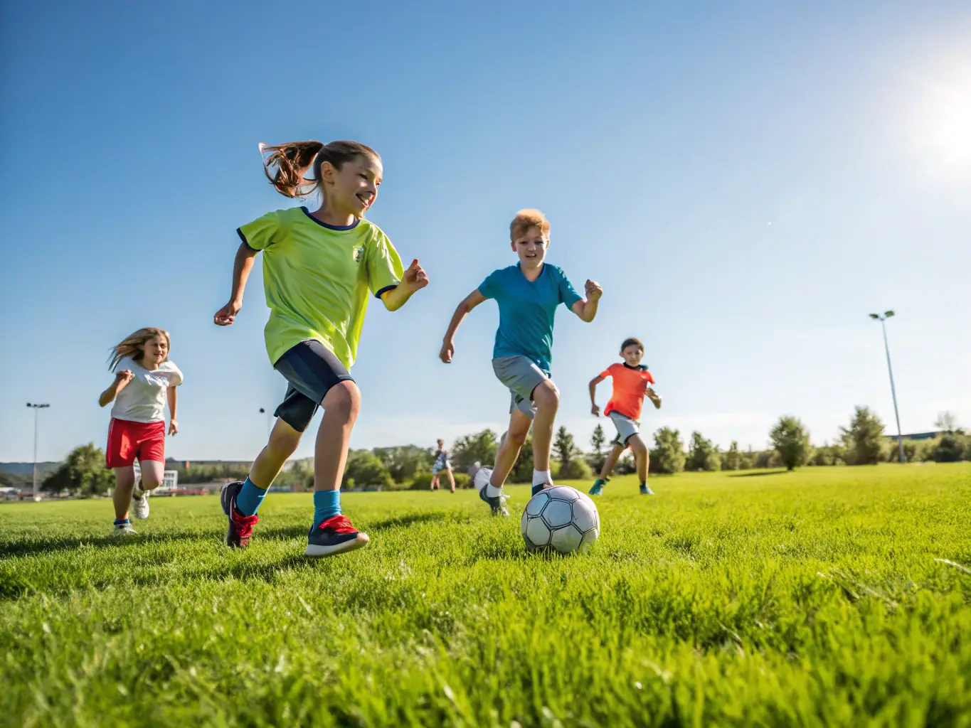A dynamic image showing a group of children playing football on a sunny field, with coaches and parents cheering from the sidelines. The scene captures the energy and excitement of youth sports.