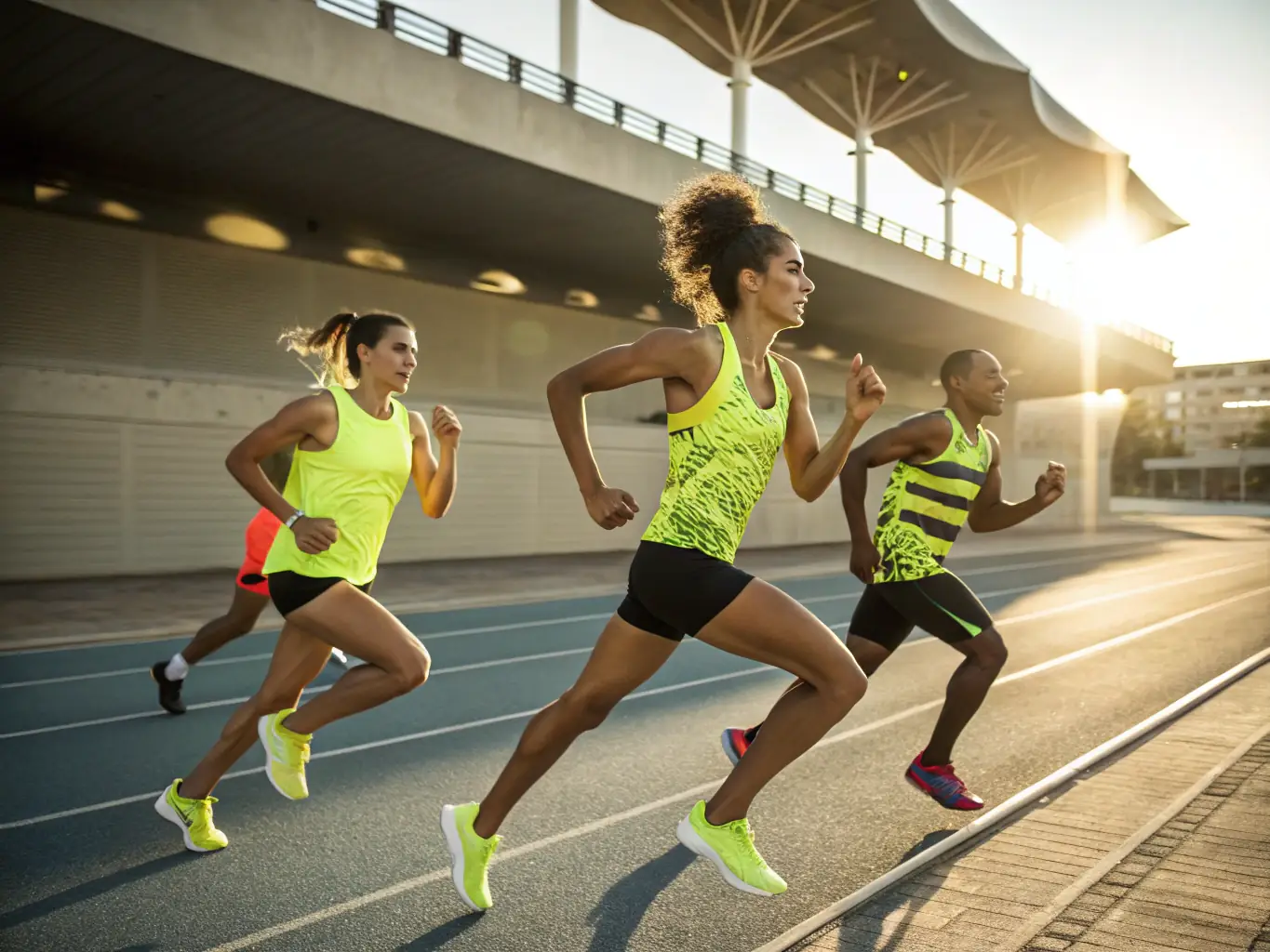 A group of athletes participating in a track and field event, such as running, jumping, or throwing. The image conveys the spirit of competition and individual achievement in athletics.