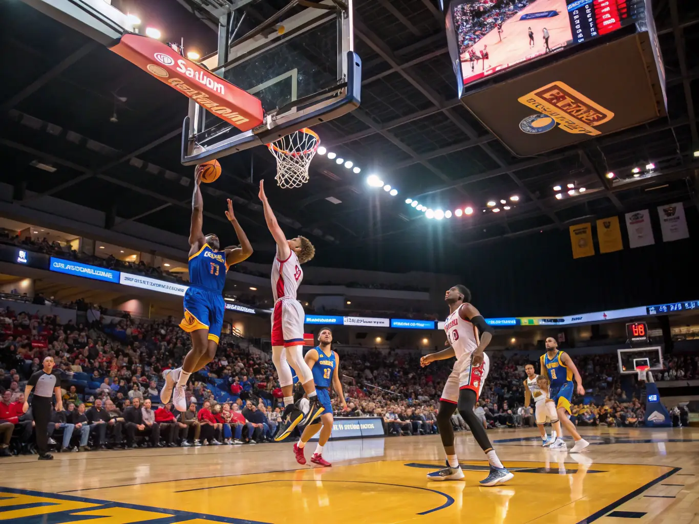 An action shot of basketball players in mid-game, highlighting the intensity and excitement of the sport.