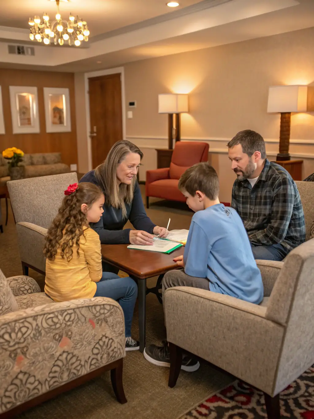 A family participating in a group therapy session, facilitated by a therapist, discussing communication strategies and conflict resolution techniques in a supportive setting.