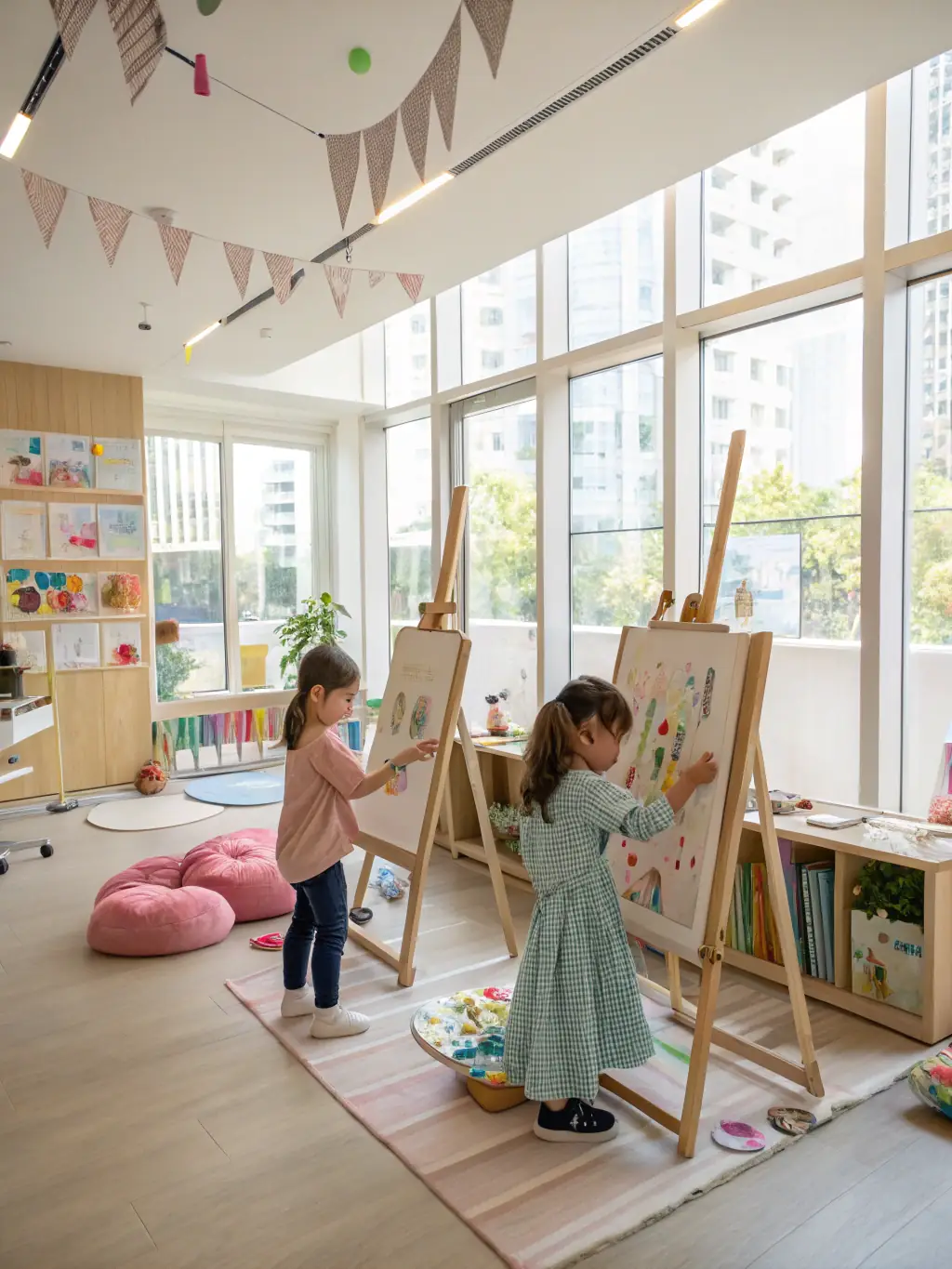 Children engaged in a creative arts and crafts session, painting and drawing with enthusiasm, in a colorful and stimulating environment.