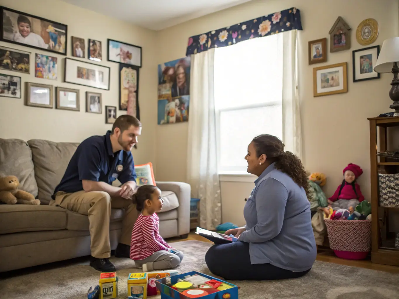 A supportive scene featuring a family receiving counseling from a compassionate social worker in a comfortable and private setting. The image conveys trust, understanding, and collaborative problem-solving.