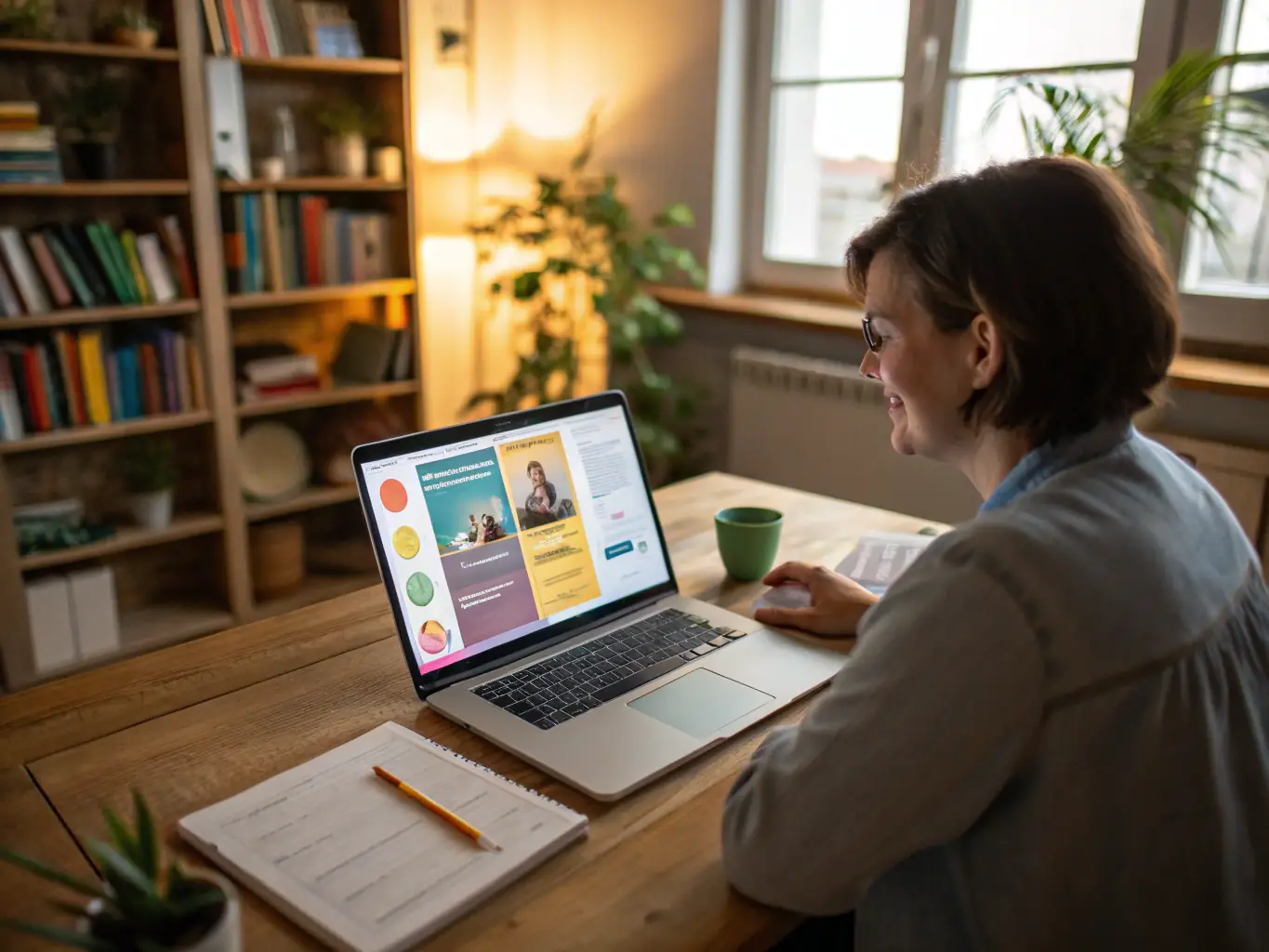 A heartwarming image depicting a social worker assisting a young adult with job application skills in a bright, modern office setting. The scene emphasizes empowerment and guidance.