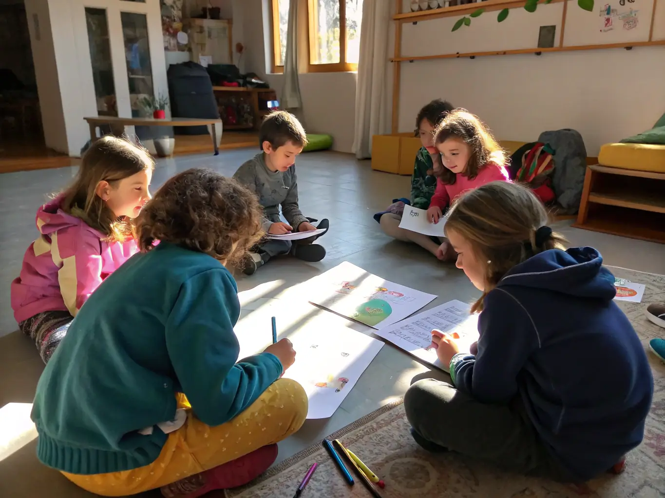 A photograph showing a group of children participating in an art therapy session, guided by a caring therapist. The setting is a colorful and inviting space designed to promote creativity and emotional expression.