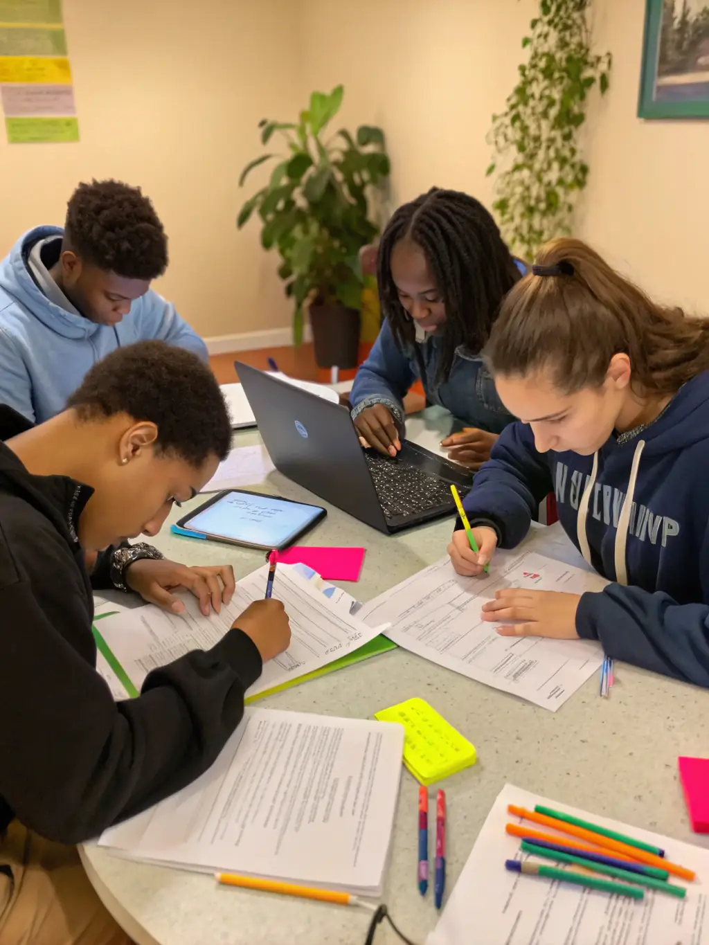 A group of young adults participating in a job skills workshop, focusing on resume writing and interview techniques, in a bright and modern classroom setting.