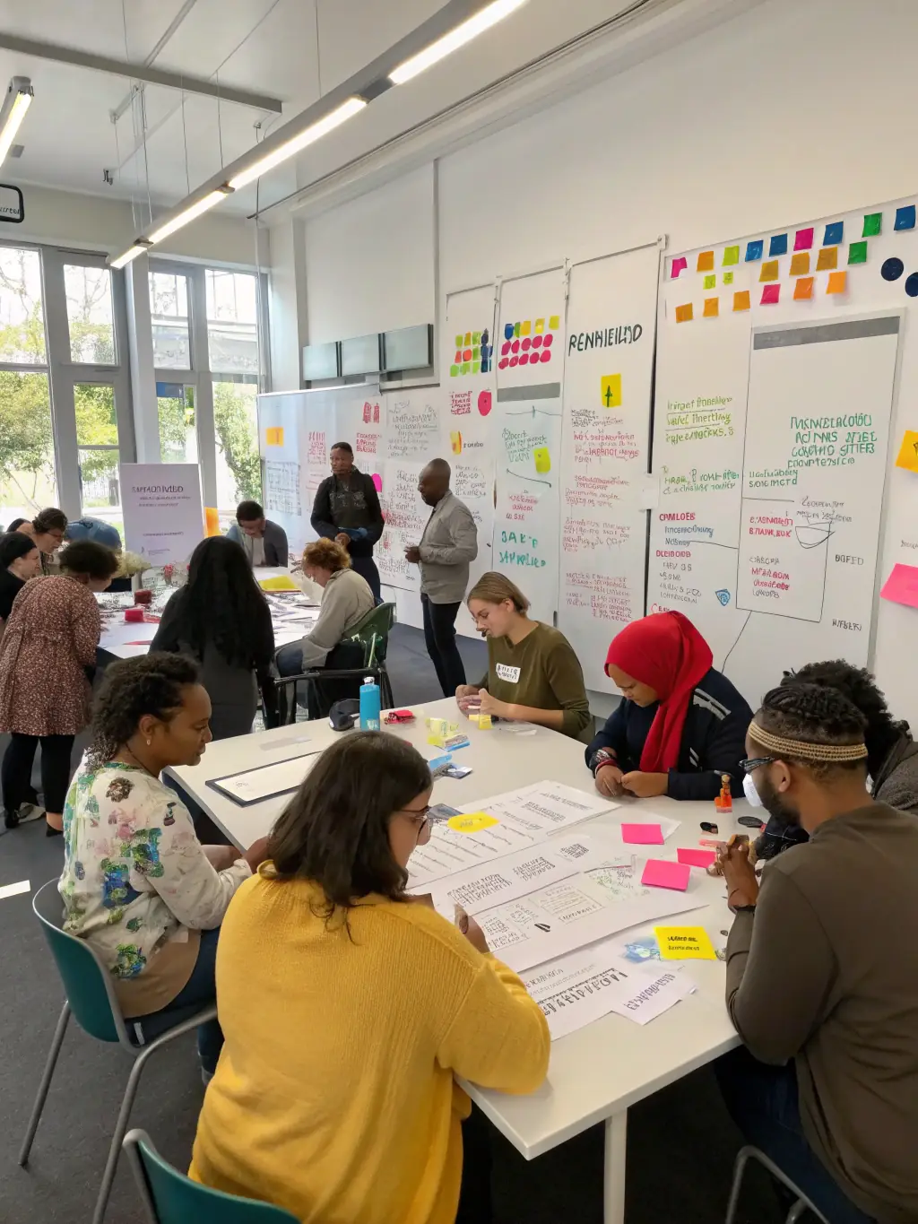 A training session focused on participatory culture, with attendees actively discussing and sharing ideas in a workshop setting, facilitated by MUSEOMIX ILE-DE-FRANCE.