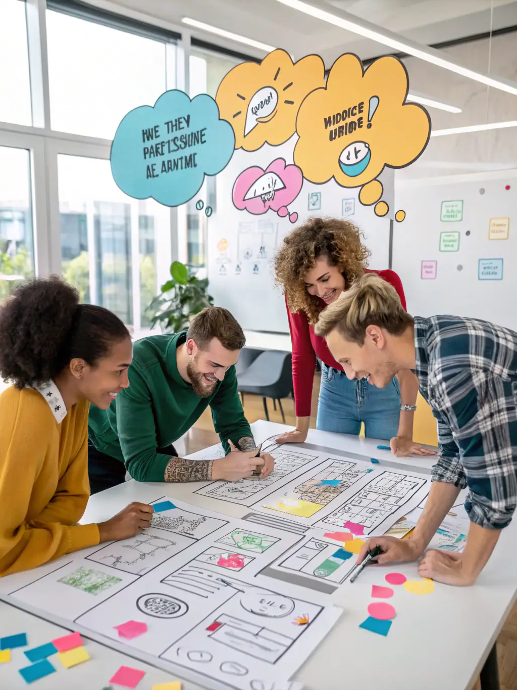 A vibrant scene from a MUSEOMIX event, showcasing participants brainstorming and prototyping new museum experiences using various materials and technologies.