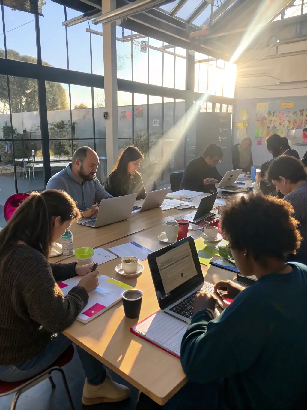 A diverse group of participants actively engaged in a digital cultural mediation workshop, collaborating on a project with laptops and interactive displays in a museum setting.