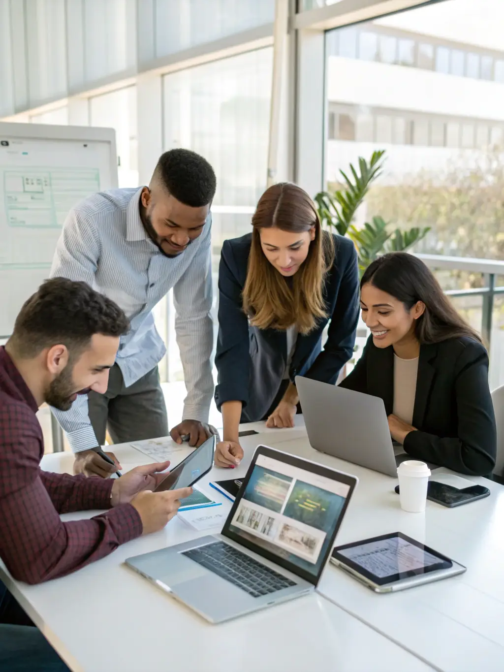 A visually appealing image of a collaborative project in action, depicting individuals from different cultural institutions working together on a digital storytelling project, using tablets and other digital devices.