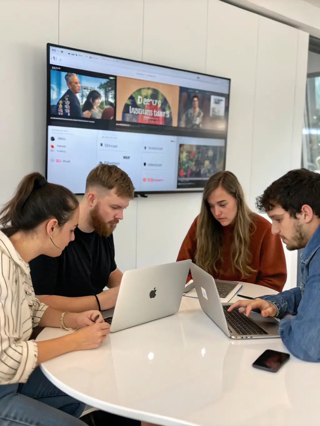 A vibrant photo of participants actively engaged in a digital cultural mediation workshop, showcasing diverse individuals collaborating around a table with laptops and interactive displays in a modern museum setting.