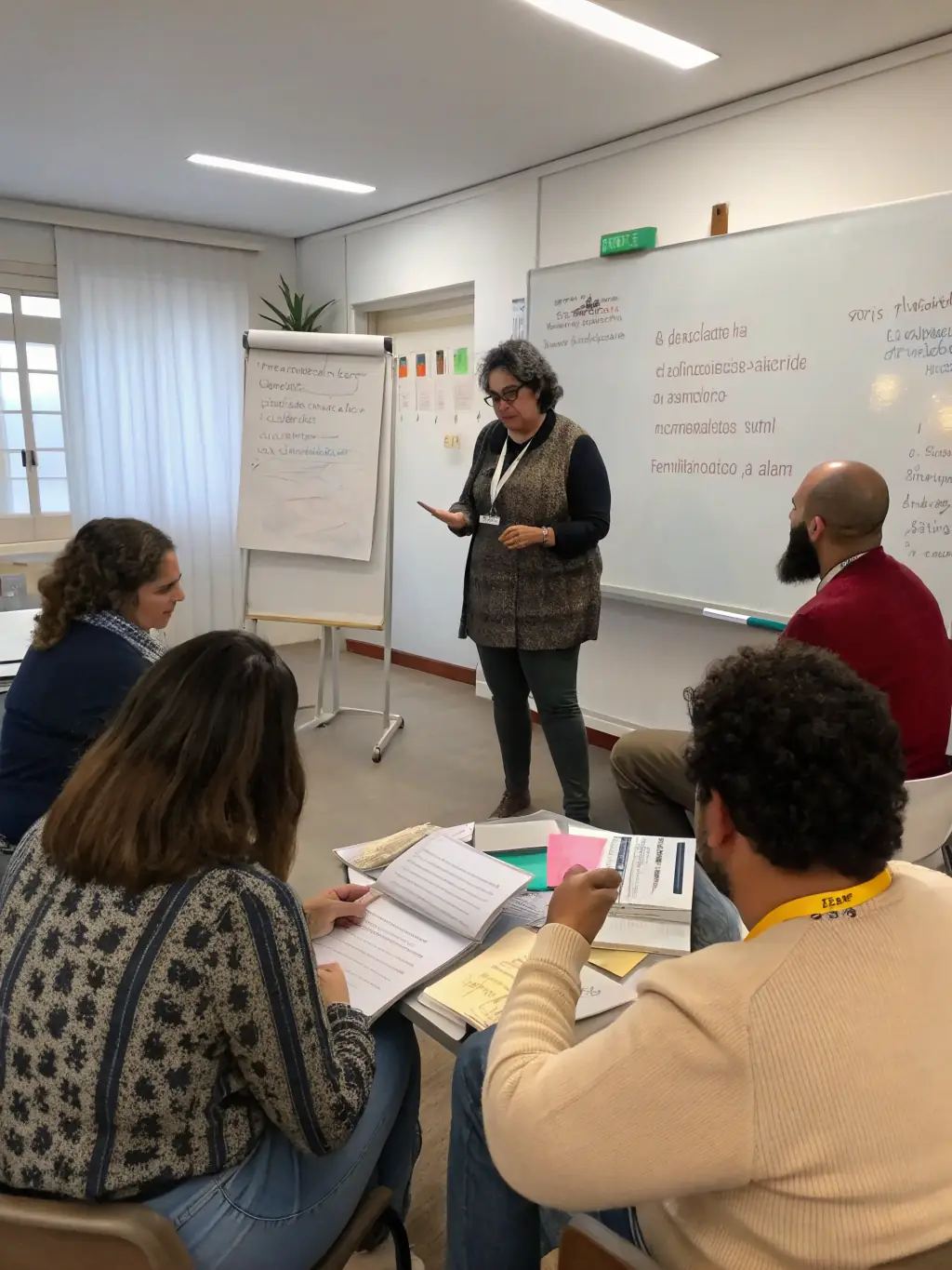A photograph capturing a training session focused on participatory culture, showing a facilitator guiding a group of cultural professionals through hands-on activities and discussions.
