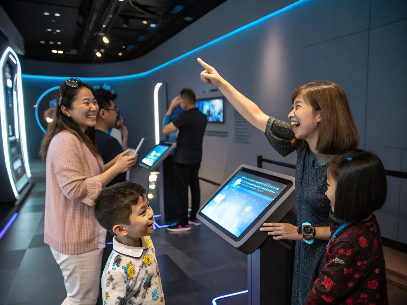 A photograph capturing a diverse group of museum visitors actively participating in a digital exhibit, showcasing the engagement and interaction facilitated by MUSEOMIX ILE-DE-FRANCE's initiatives.
