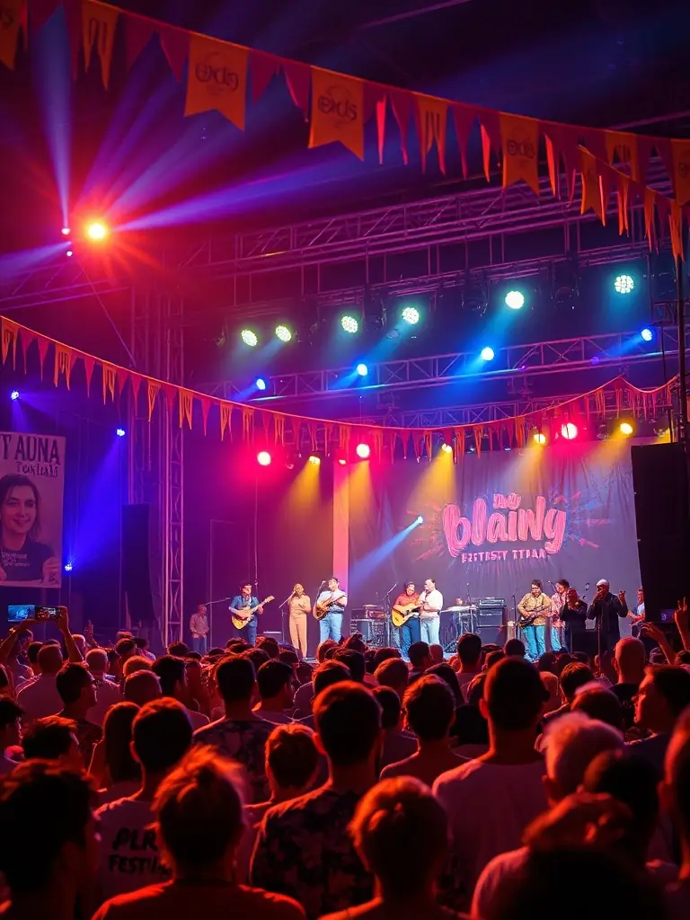 A lively festival scene with performers on stage, colorful decorations, and an engaged audience enjoying the event, capturing the energy and cultural richness of the festivals.