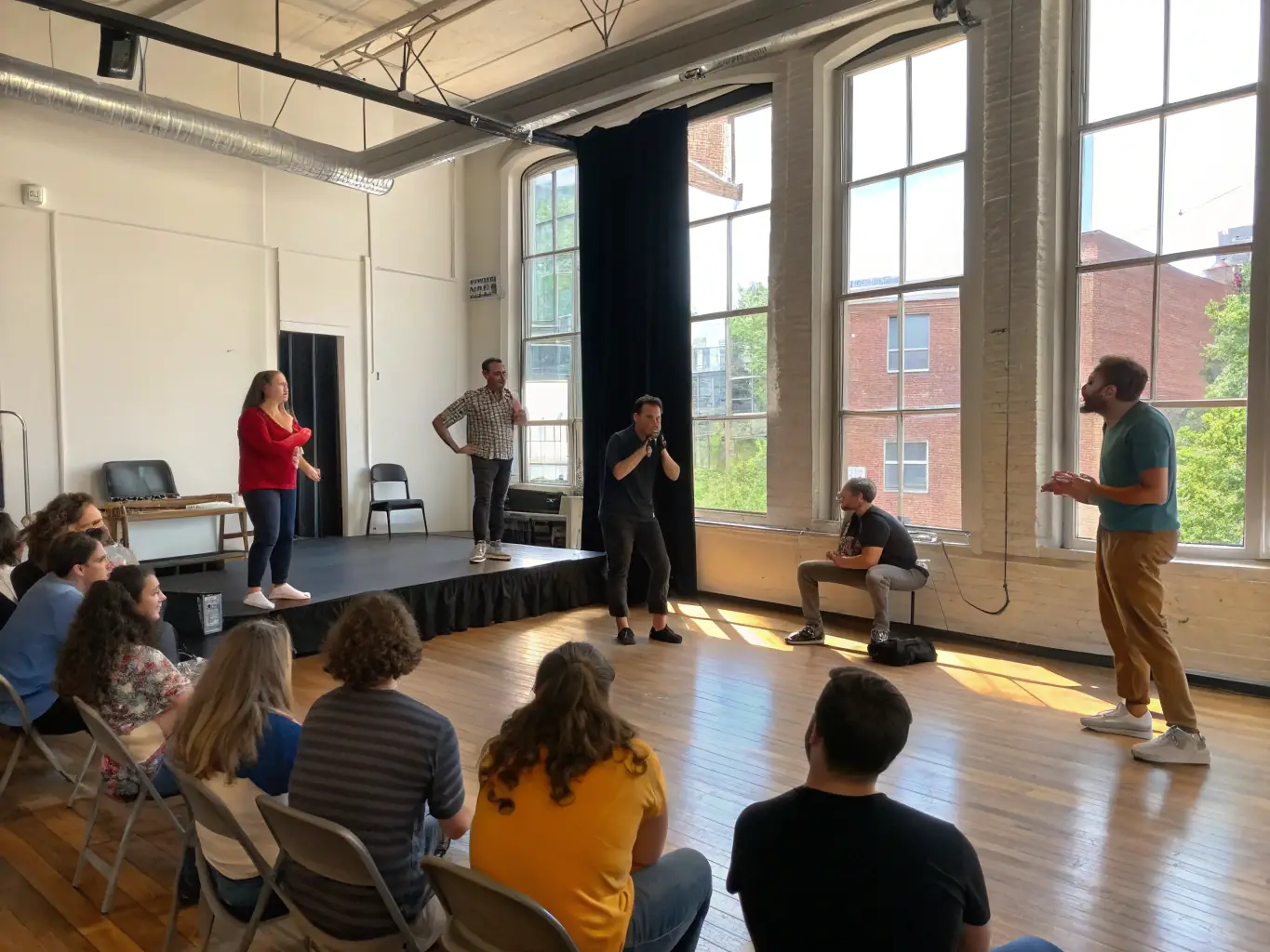A group of participants actively engaged in a theater workshop, focusing on improvisation and acting techniques, set in a vibrant studio environment.