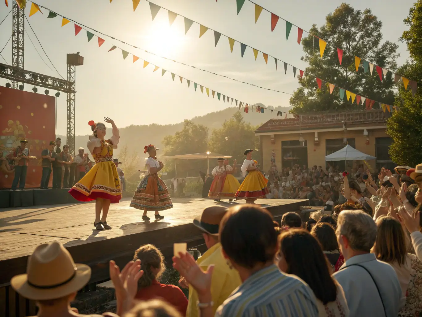 A lively scene from a cultural festival, featuring musicians, dancers, and visual artists performing on an outdoor stage, with a diverse audience enjoying the performances.