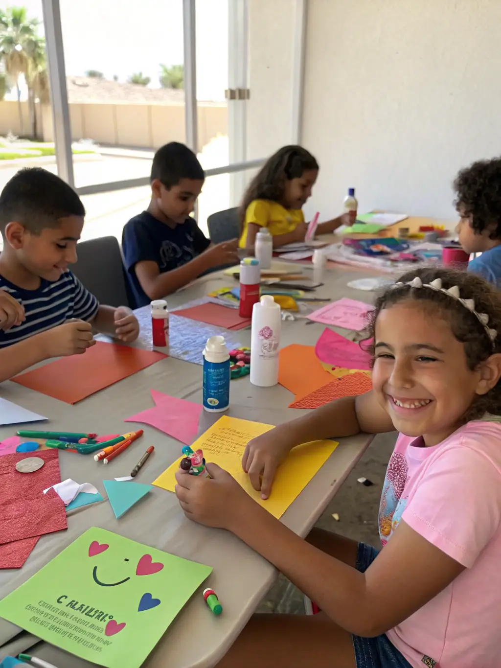 A group of children happily participating in an art workshop, painting and creating, reflecting the inclusive and educational environment of the association's programs.