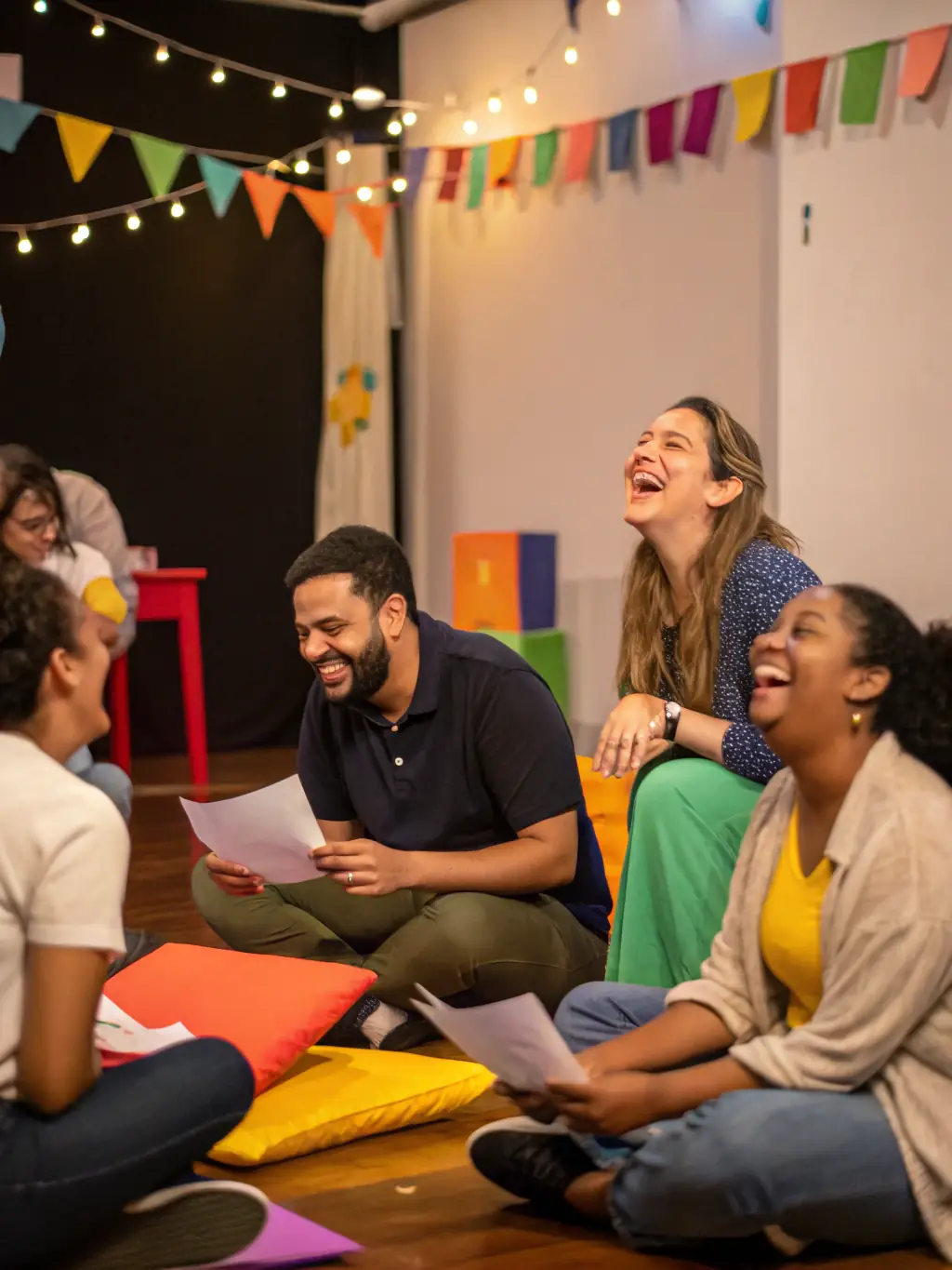 A vibrant photo of a theater workshop in progress, with participants actively engaged in an acting exercise, showcasing the ASSOCIATION ICI OU LA's commitment to theater arts education.