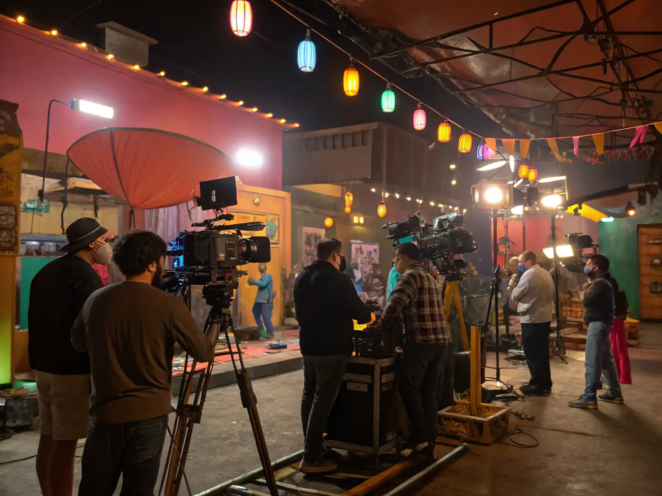 A behind-the-scenes shot of a film production, showing a director guiding actors on set, with cameras and lighting equipment visible, highlighting the collaborative nature of filmmaking.