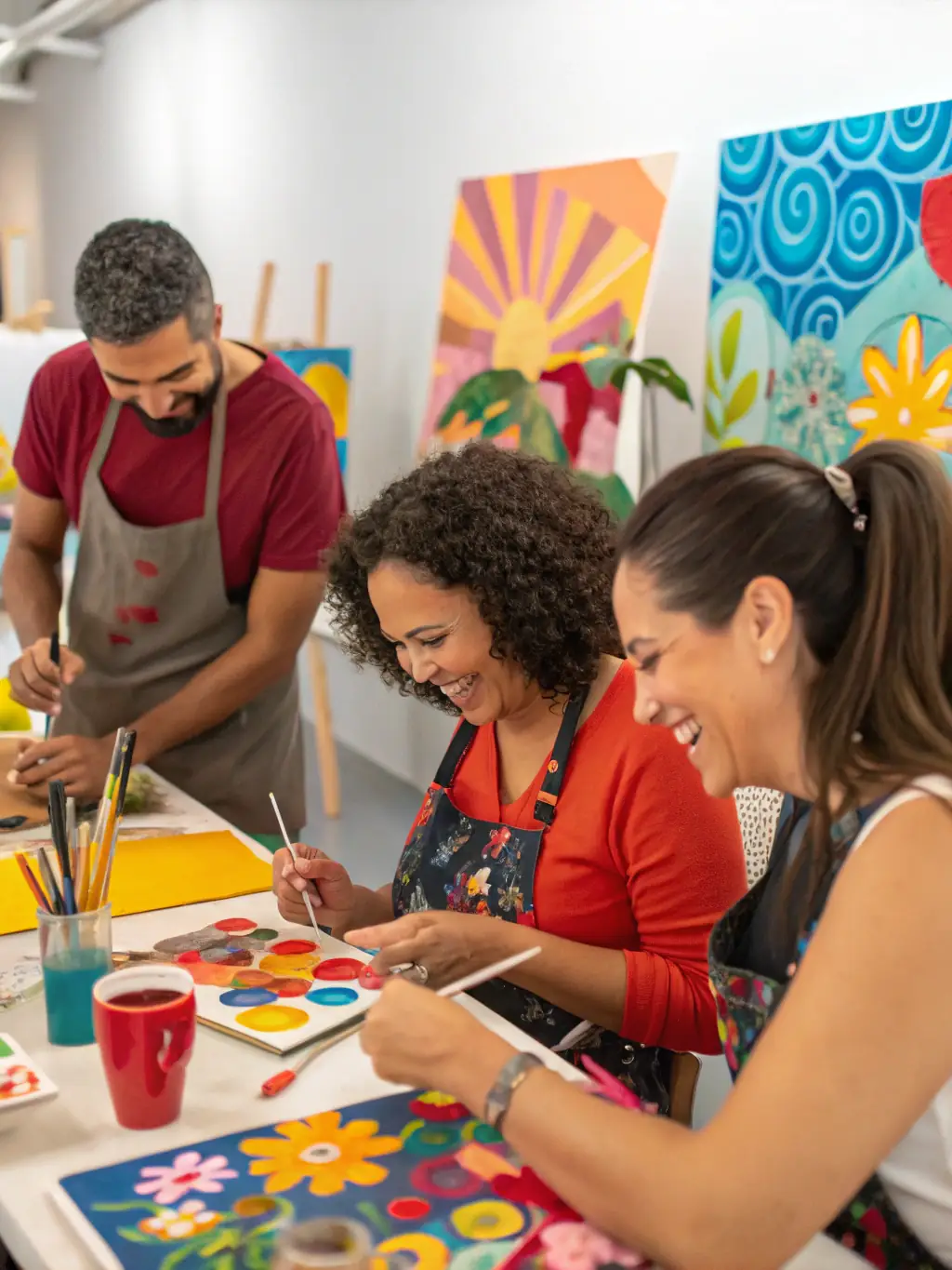 A photo of a community event organized by ASSOCIATION ICI OU LA, with people of all ages participating in a creative activity, highlighting the association's community engagement.